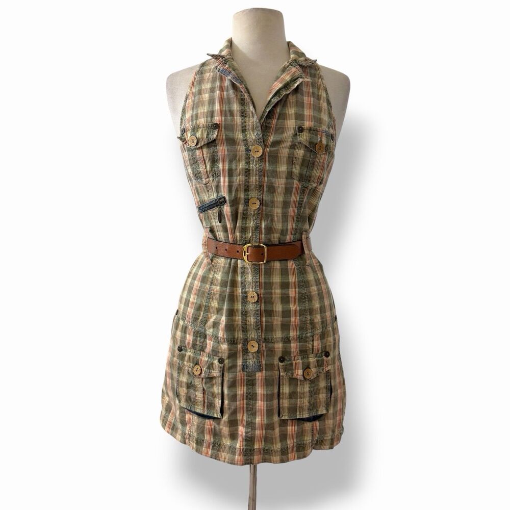 Vintage GUESS Y2K Plaid Utility Halter Mini Dress Cargo Grunge Dress Medium